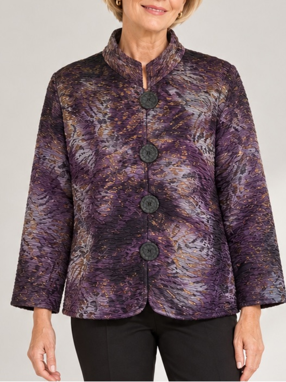 Caroline Rose Statement Jacket Purple Gold Textured $450. Excellent USA M